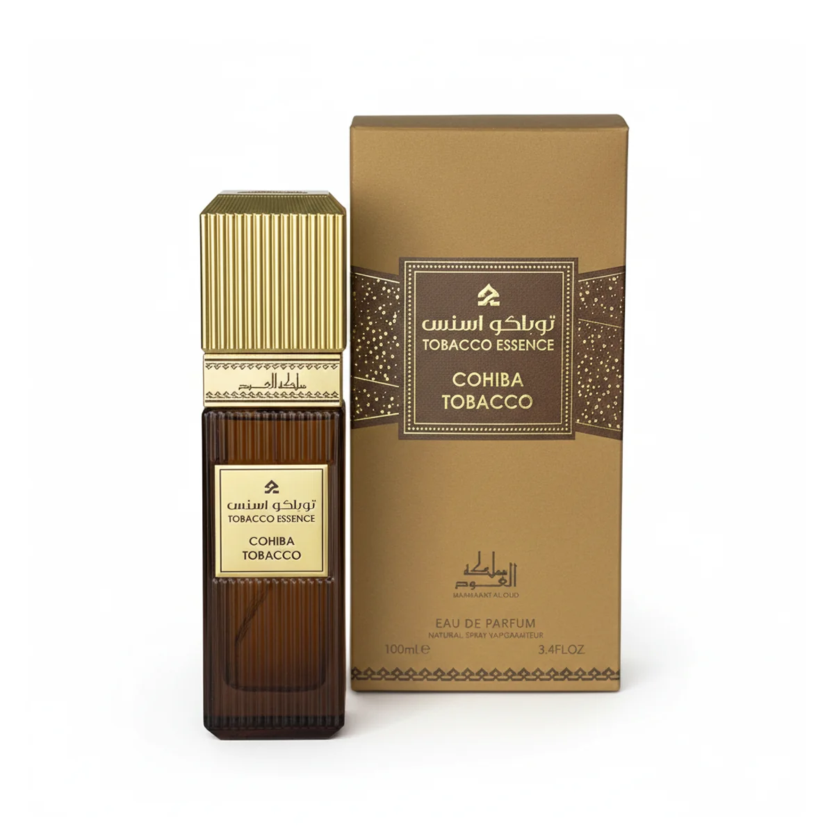Cohiba Tobacco Eau de Parfum van Mamlakat Al Oud, parfumfles op lichte achtergrond.”