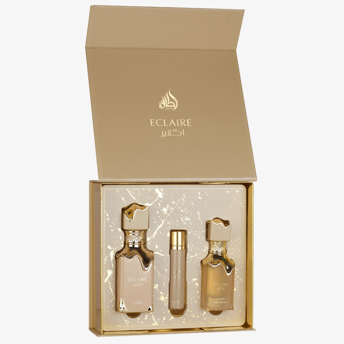 Lattafa Eclaire open cadeauset met 100 ml Eau de Parfum, 12 ml Travel Spray en 50 ml Hair Mist