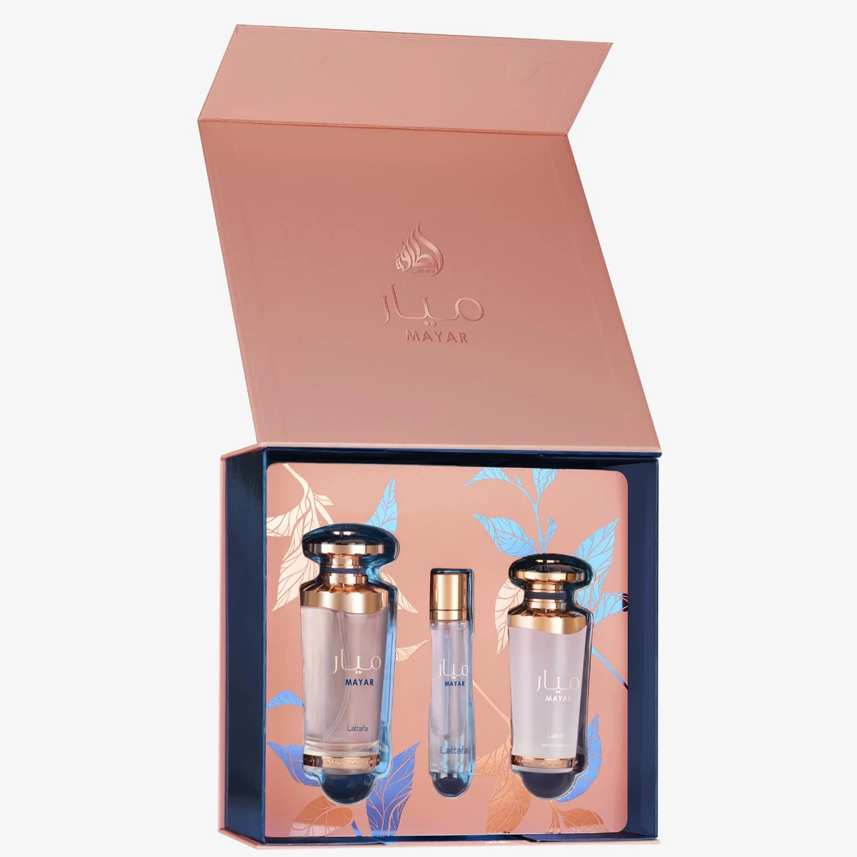 Lattafa Mayar driedelige cadeauset met 100 ml parfum, 12 ml travel spray en 50 ml hair mist in open doos