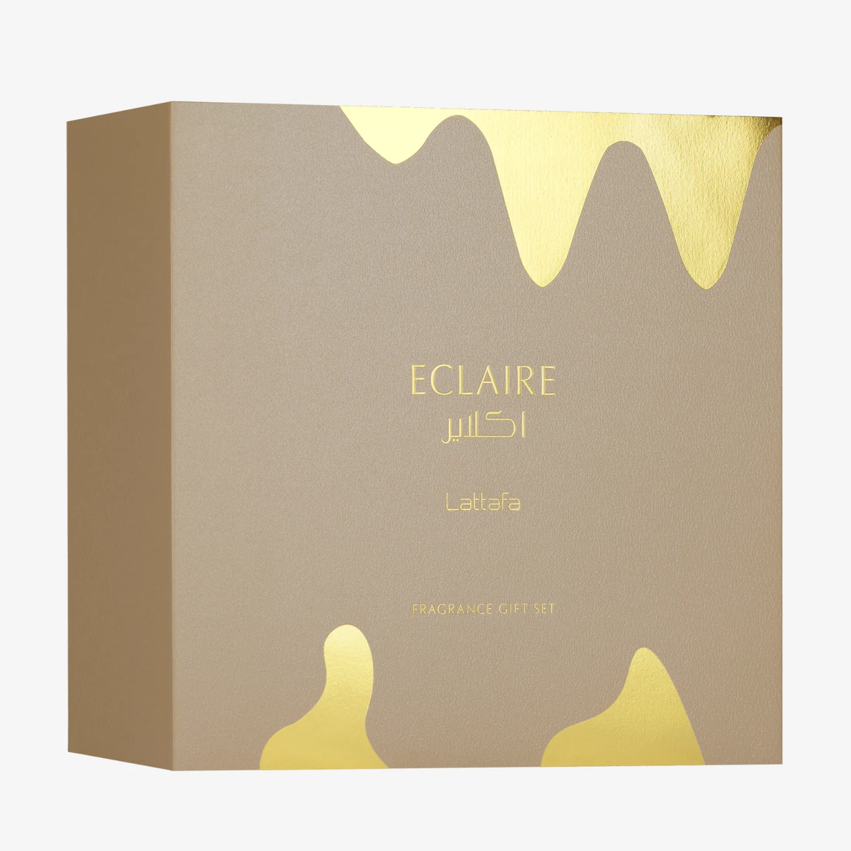 Voorkant van de beige en gouden Lattafa Eclaire cadeauverpakking