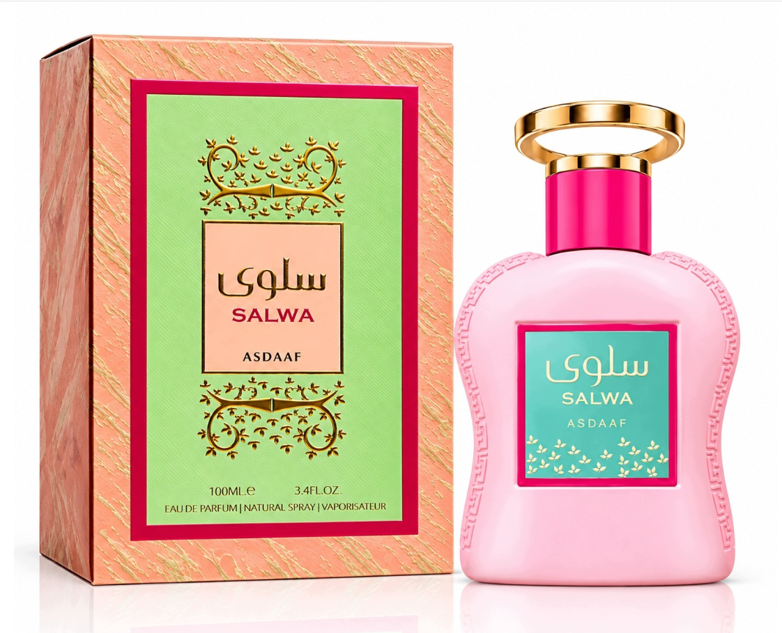 Asdaaf Salwa Eau de Parfum 100 ml roze fles met originele doos op witte achtergrond