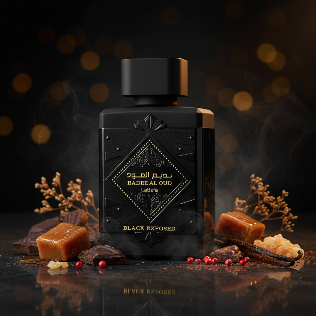 Lattafa Bade'e Al Oud Black Exposed met toffee, cacao, vanille en olibanum