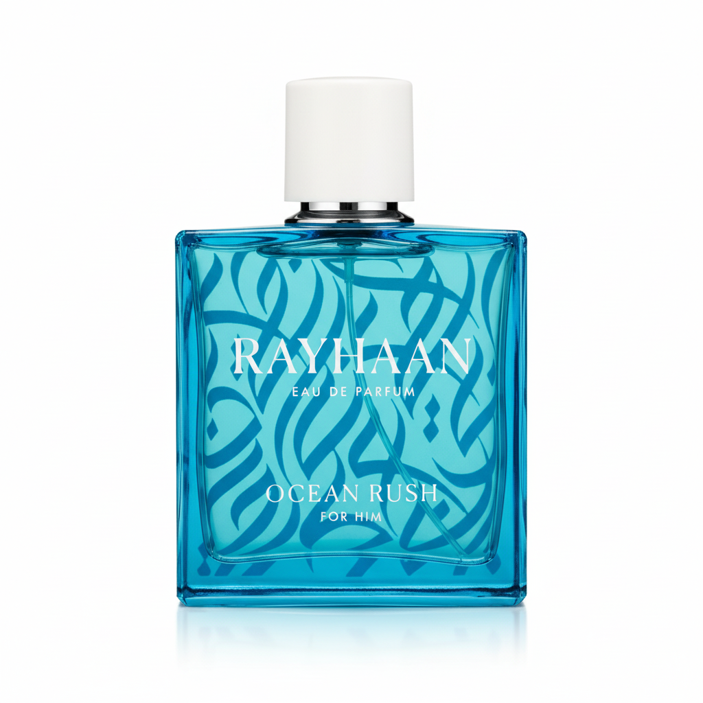 Rayhaan Ocean Rush Eau de Parfum 100 ml turquoiseblauwe fles met witte dop
