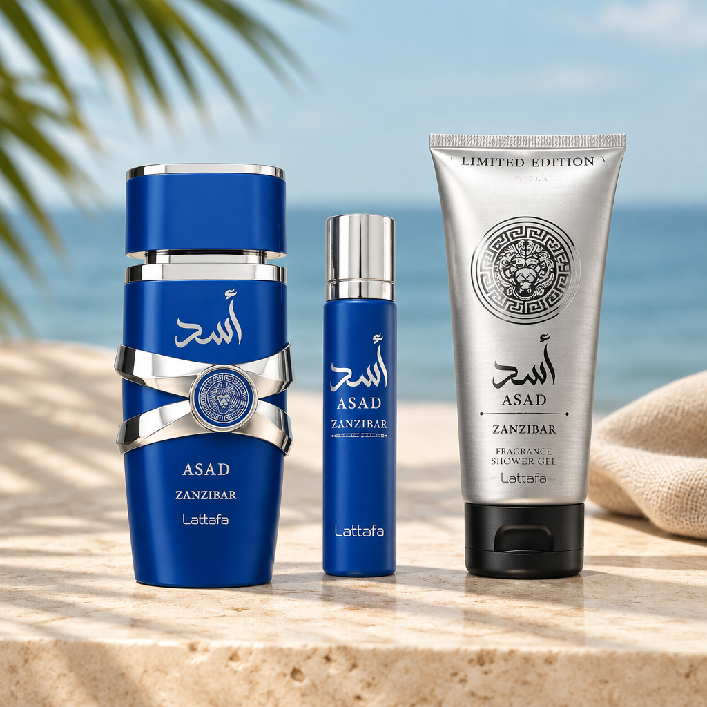 Lattafa Asad Zanzibar parfum, travel spray en shower gel in een sfeersetting zonder doos