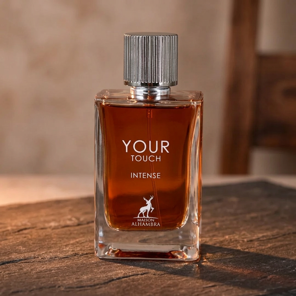 Maison Alhambra Your Touch Intense parfumfles op donker steen in warm licht
