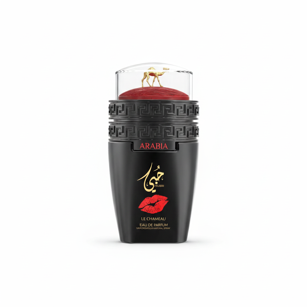 Le Chameau Arabia Hubbi Eau de Parfum 100 ml zwarte fles met rode koepel en gouden kameel