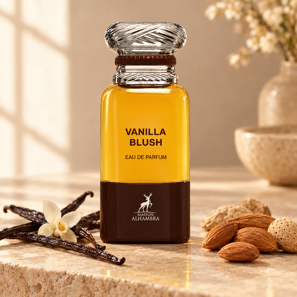 Maison Alhambra Vanilla Blush parfumfles met vanille en amandelen in een warme sfeer-setting