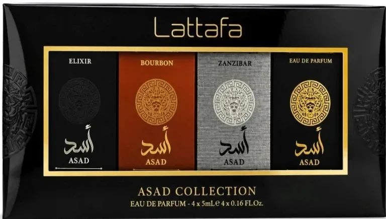 Lattafa Asad Mini Collection geschenkset met Asad Elixir, Bourbon, Zanzibar en Asad, vier miniaturen van 5 ml