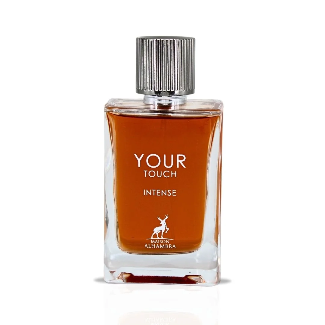 Maison Alhambra Your Touch Intense Eau de Parfum 100 ml fles met zilverkleurige dop op witte achtergrond