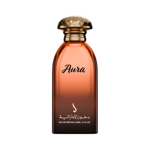 Aura Eau de Parfum 100 ml van Dkhoon Emirates, amberkleurige fles met goudkleurige dop op witte achtergrond