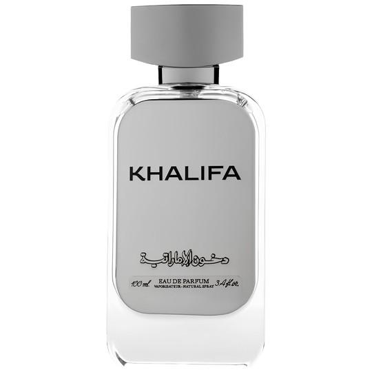 Khalifa Eau de Parfum 100 ml van Dkhoon Emirates, transparante fles met zilverkleurig front en dop op wit