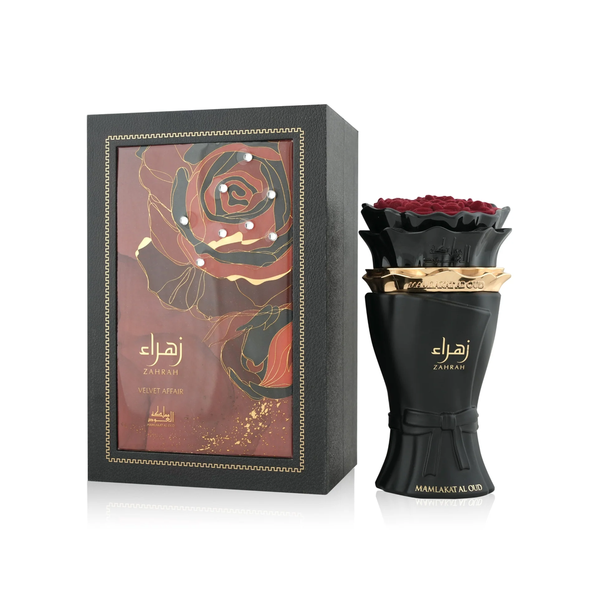 Zahrah Velvet Affair Eau de Parfum van Mamlakat Al Oud met zwarte geschenkverpakking en zwarte flacon.