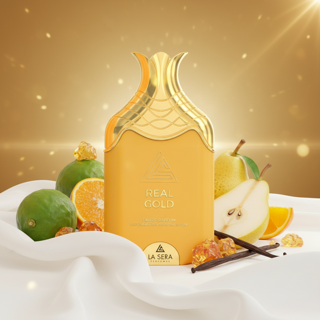 La Sera Real Gold parfum met bergamot, sinaasappel, peer, vanille, musk en amber