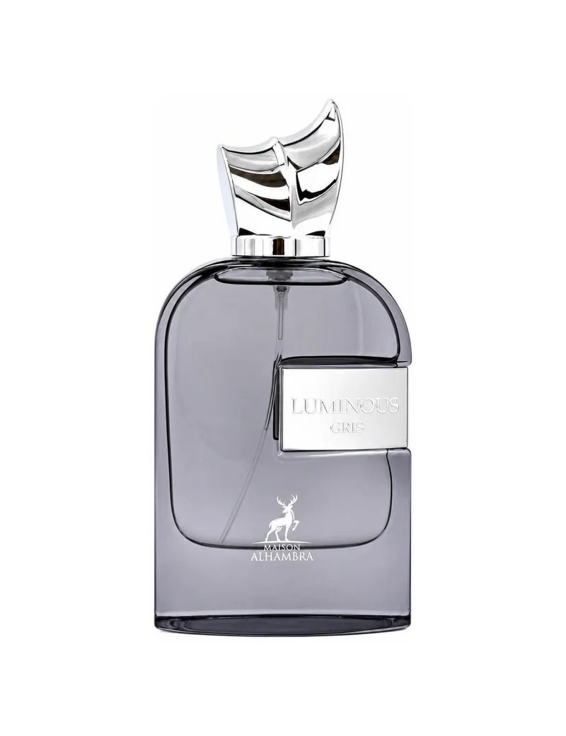 Luminous Gris Eau de Parfum 100 ml van Maison Alhambra, grijze fles met zilverkleurige dop op wit