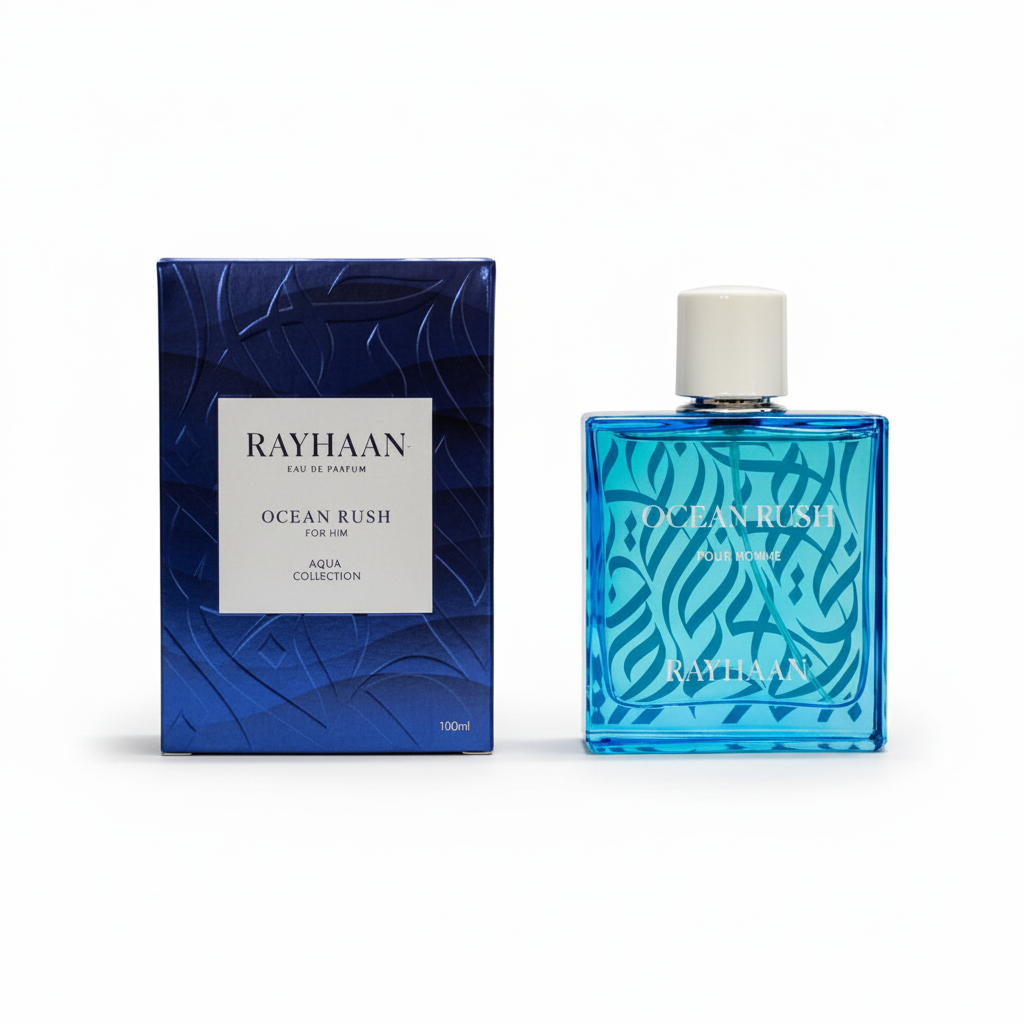 Rayhaan Ocean Rush Eau de Parfum 100 ml fles met originele donkerblauwe verpakking