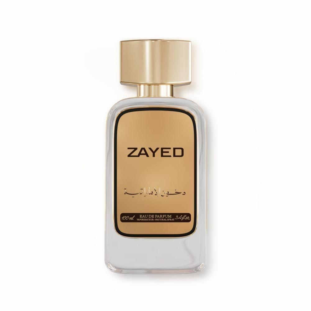 Zayed Eau de Parfum 100 ml van Dkhoon AlEmiratia, glazen fles met goudkleurige dop en etiket op witte achtergrond