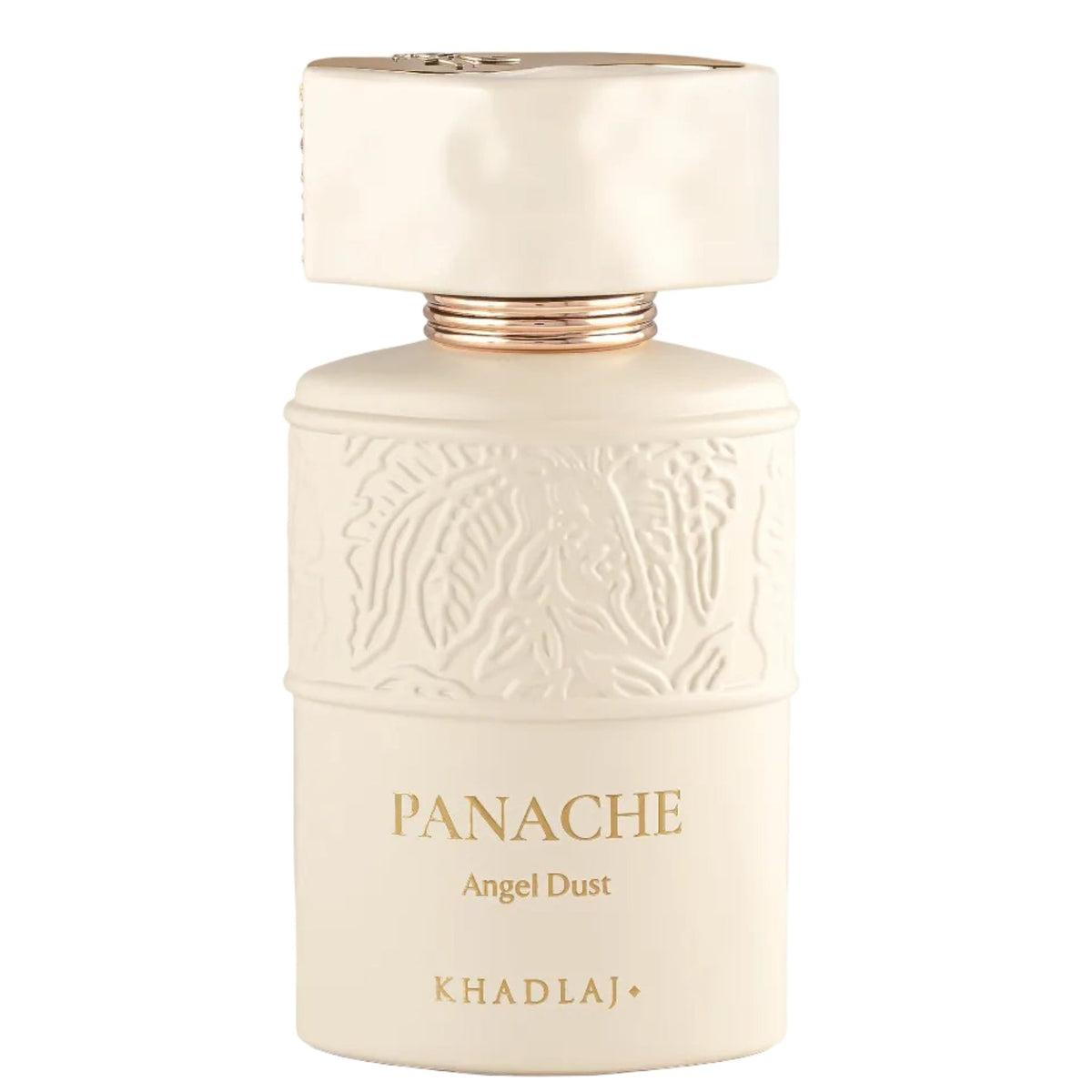 Khadlaj Panache Angel Dust Extrait de Parfum 100 ml in een ivoorkleurige flacon met gouden letters op wit