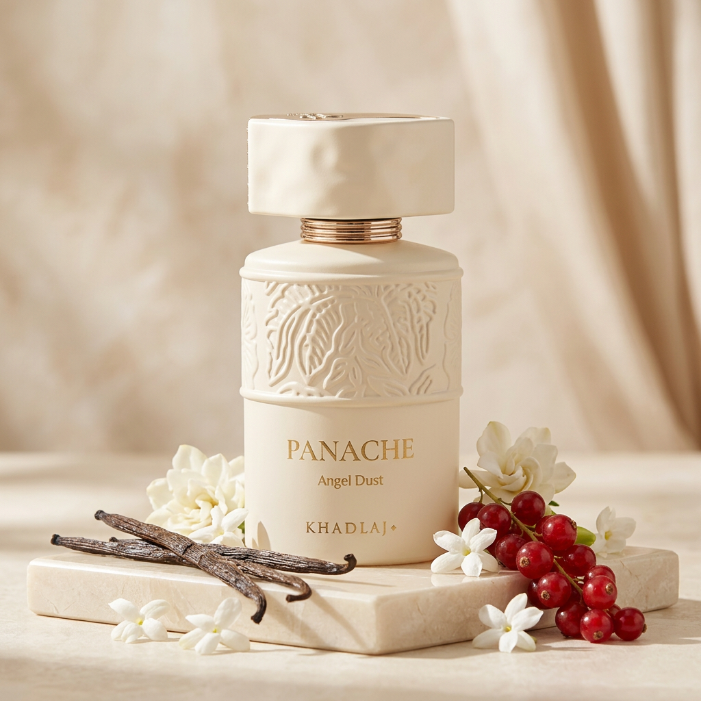 Khadlaj Panache Angel Dust op een crème stenen plateau met vanillestokjes, rode bessen en witte bloemen