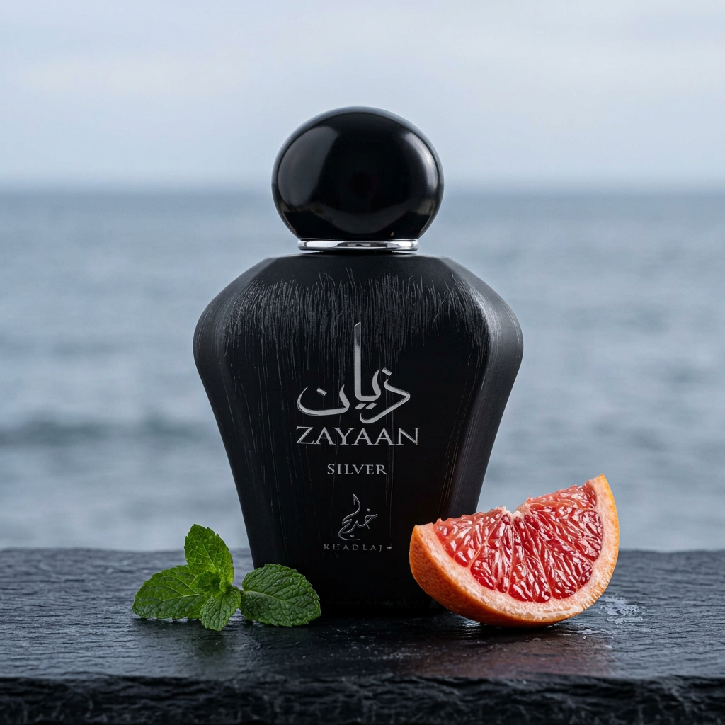 Khadlaj Zayaan Silver op donkere steen met grapefruit en munt voor een achtergrond met zee