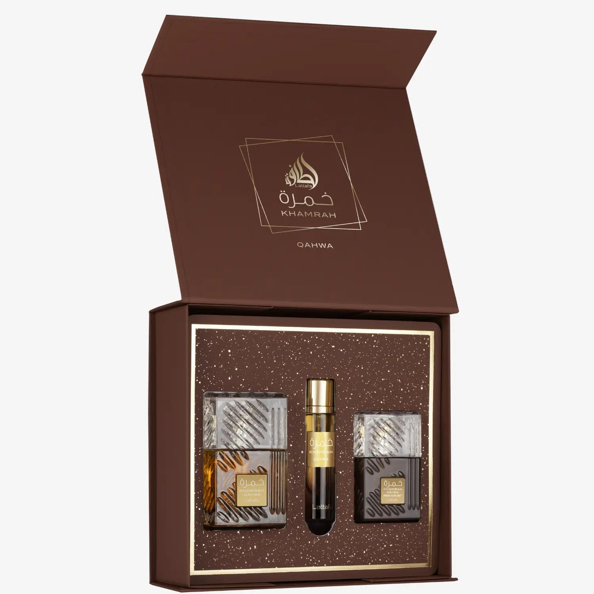 Lattafa Khamrah Qahwa cadeauset in geopende originele doos met 100 ml Eau de Parfum, 12 ml reisparfum en 50 ml haarparfum