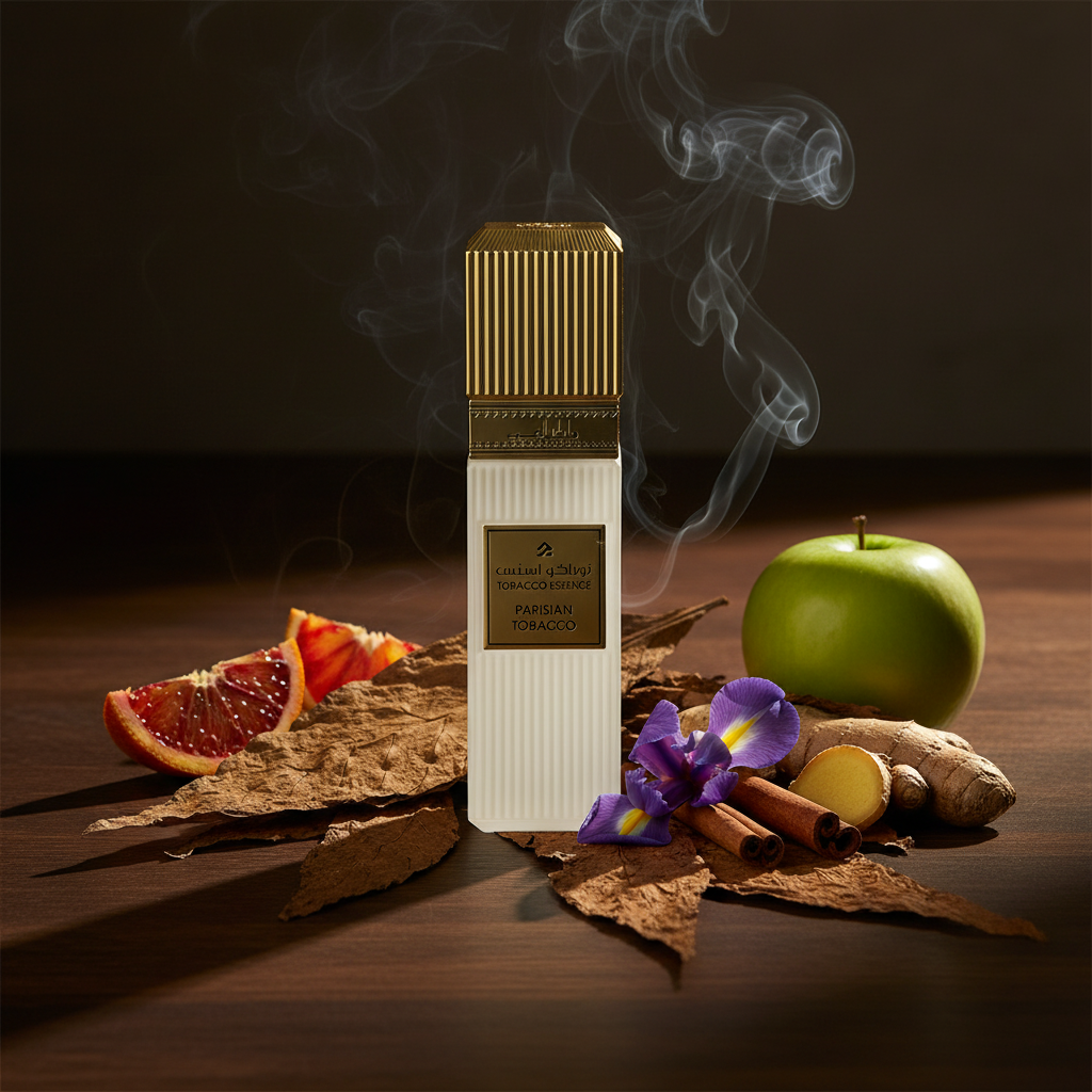 Parisian Tobacco Eau de Parfum van Mamlakat Al Oud, parfumfles op lichte achtergrond.
