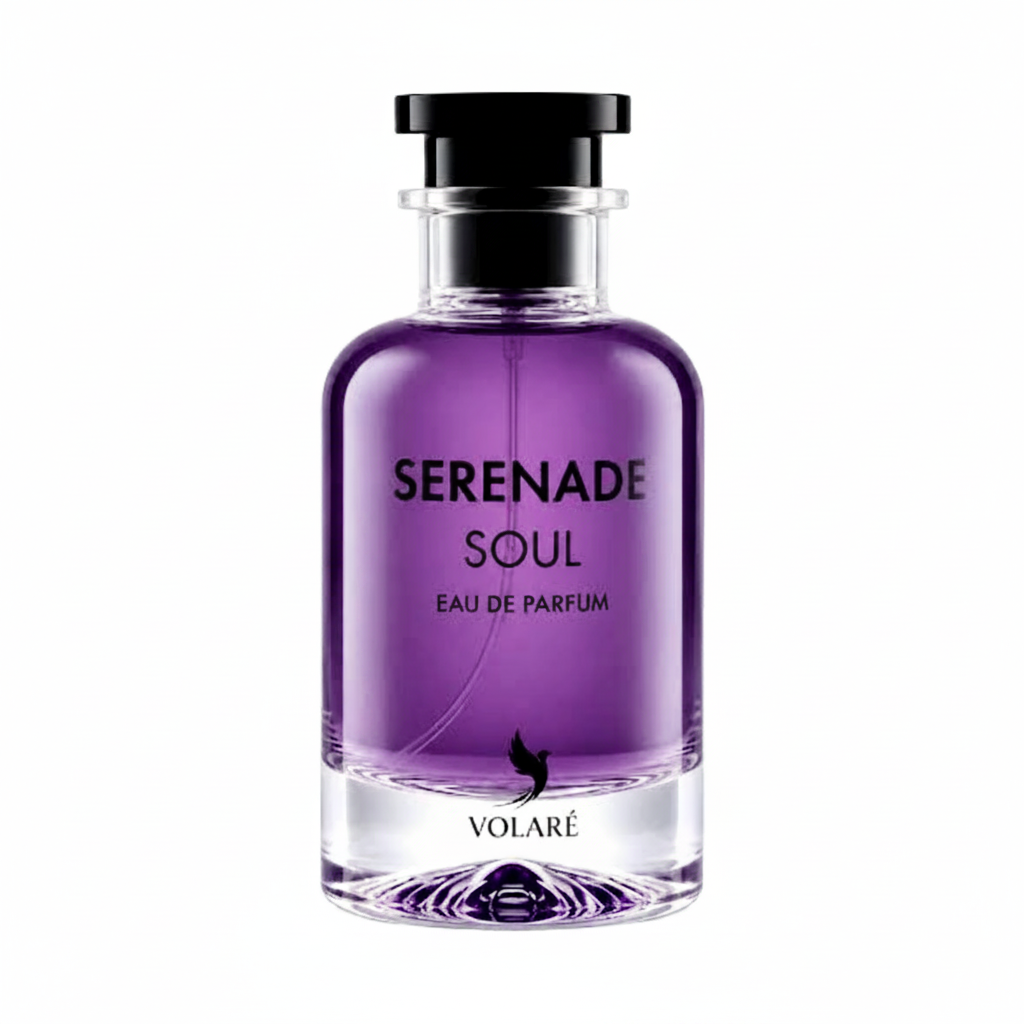 Serenade Soul Eau de Parfum van Volaré, paarse parfumfles op lichte achtergrond