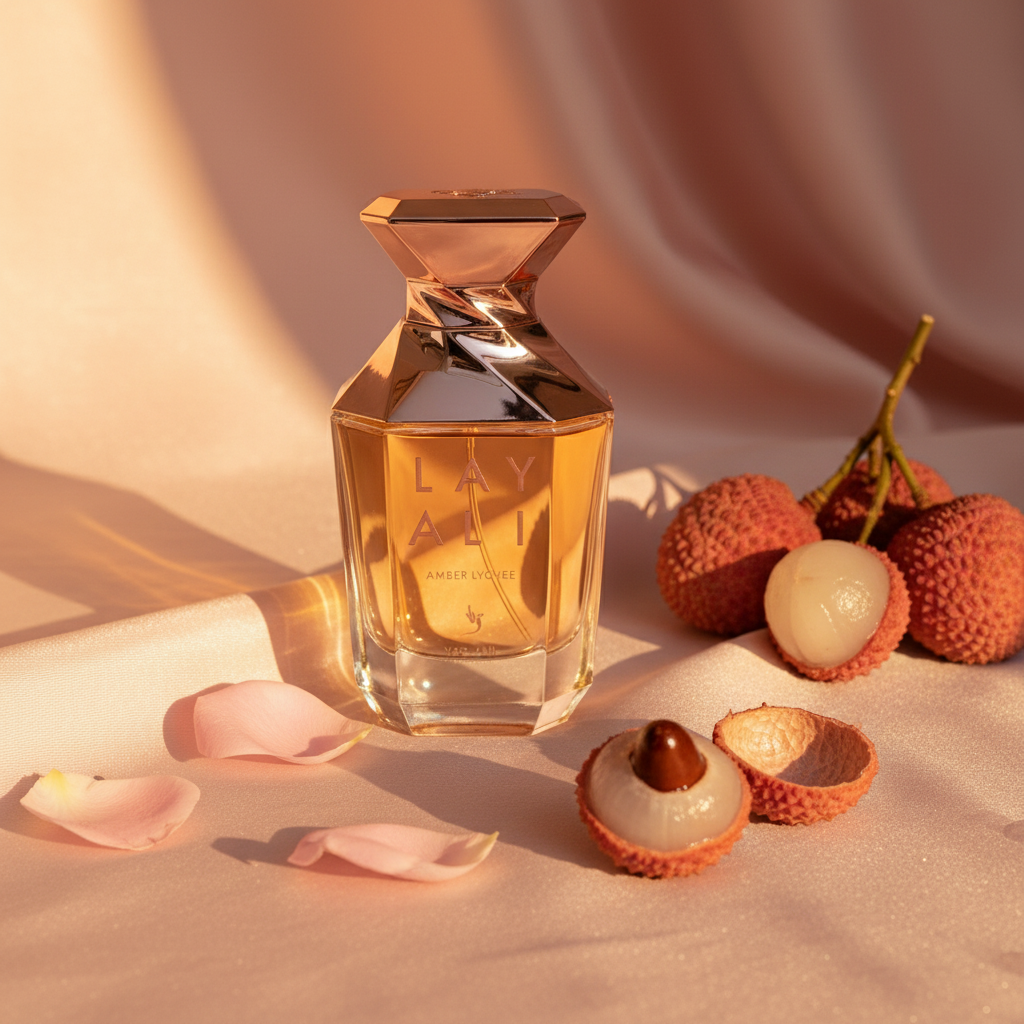 Sfeerfoto Layali Amber Lychee met lychee en rozenblaadjes in warm licht