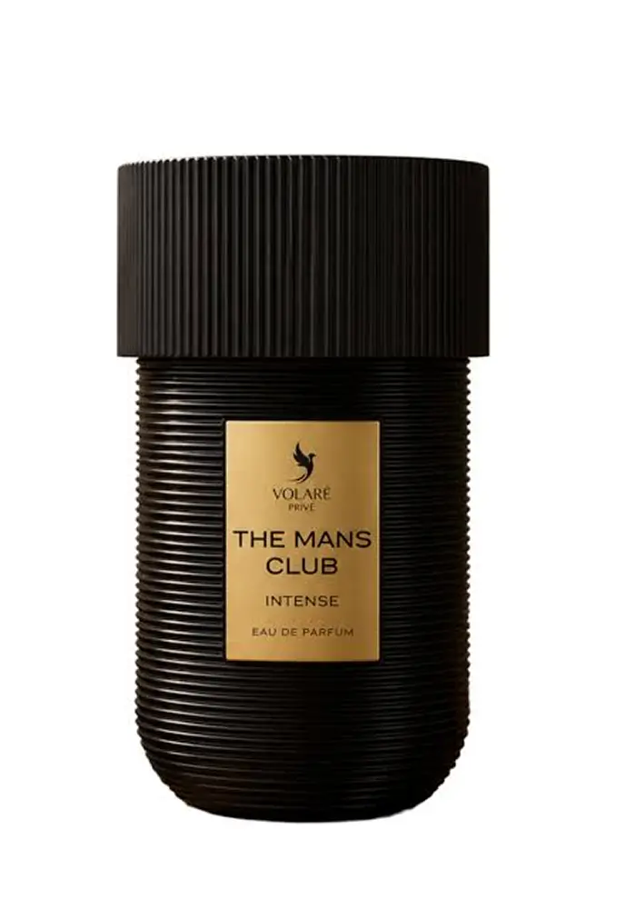 Volaré The Man’s Club Intense Eau de Parfum 100 ml in een zwarte geribbelde flacon met goudkleurig etiket op wit
