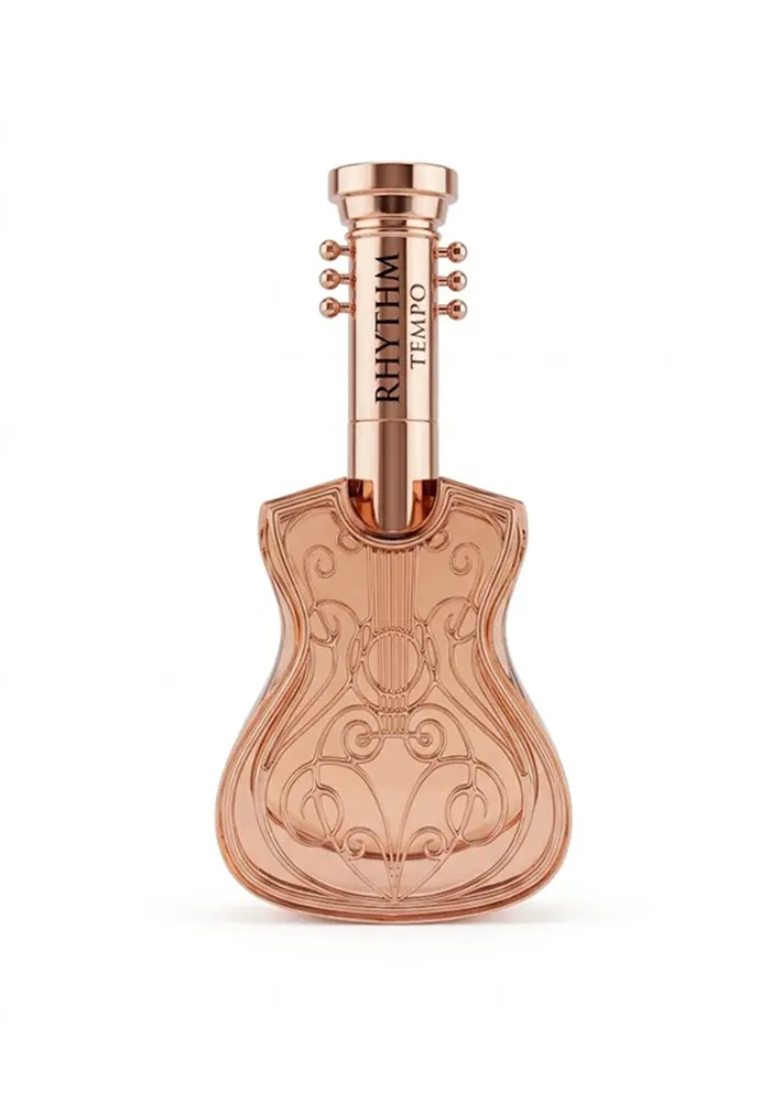 Volaré Privé Rhythm Tempo Eau de Parfum 85 ml in een roségouden gitaarvormige flacon op een witte achtergrond