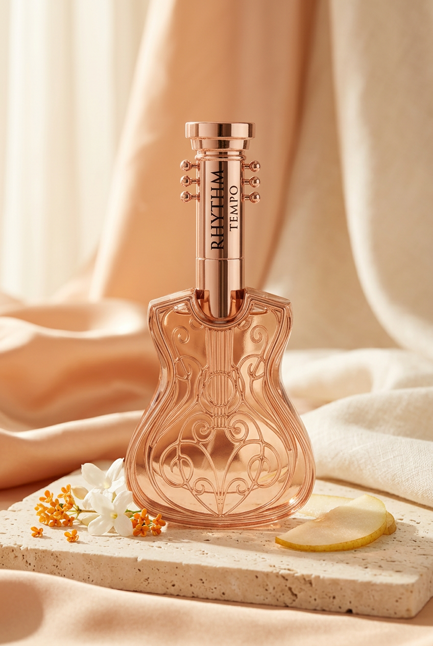Volaré Privé Rhythm Tempo in een roségouden gitaarvormige flacon met bloesem en peer in warm daglicht