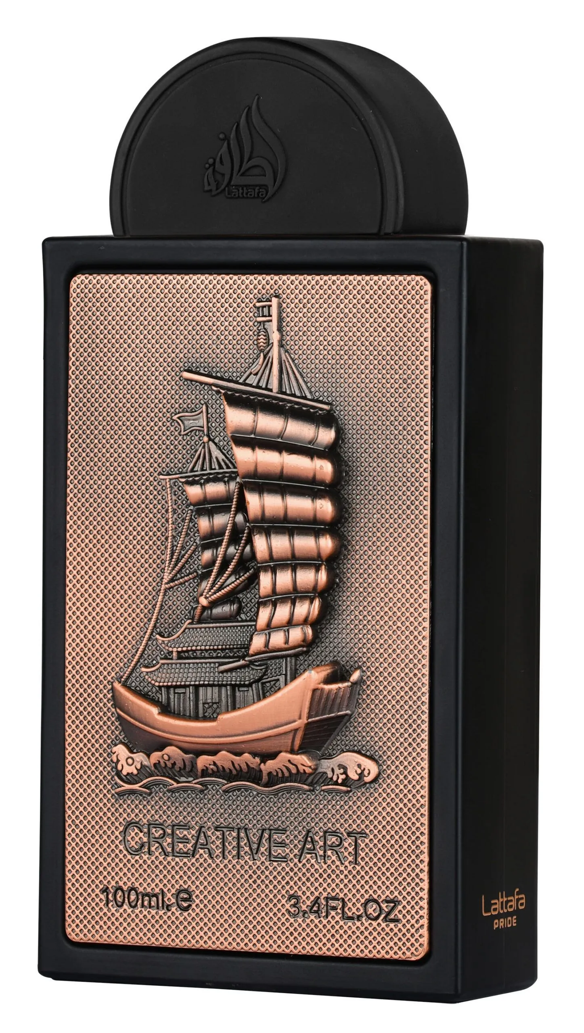 Lattafa Pride Creative Art Eau de Parfum 100 ml zwarte fles met koperkleurig schipreliëf