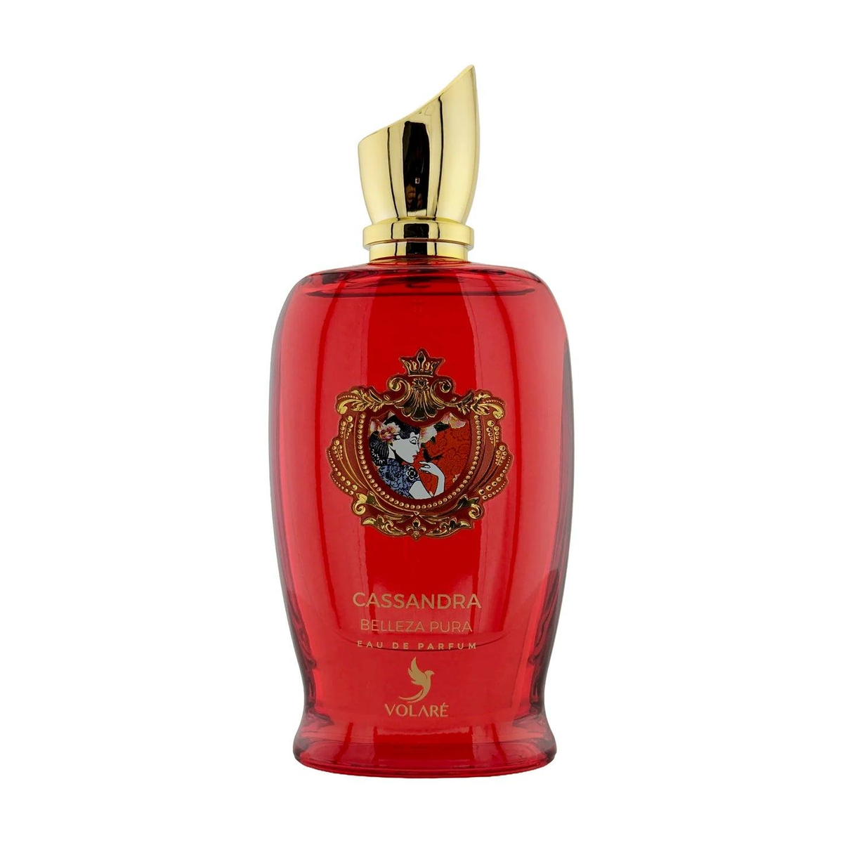 Cassandra Belleza Pura Eau de Parfum van Volaré, rode parfumfles met gouden dop.