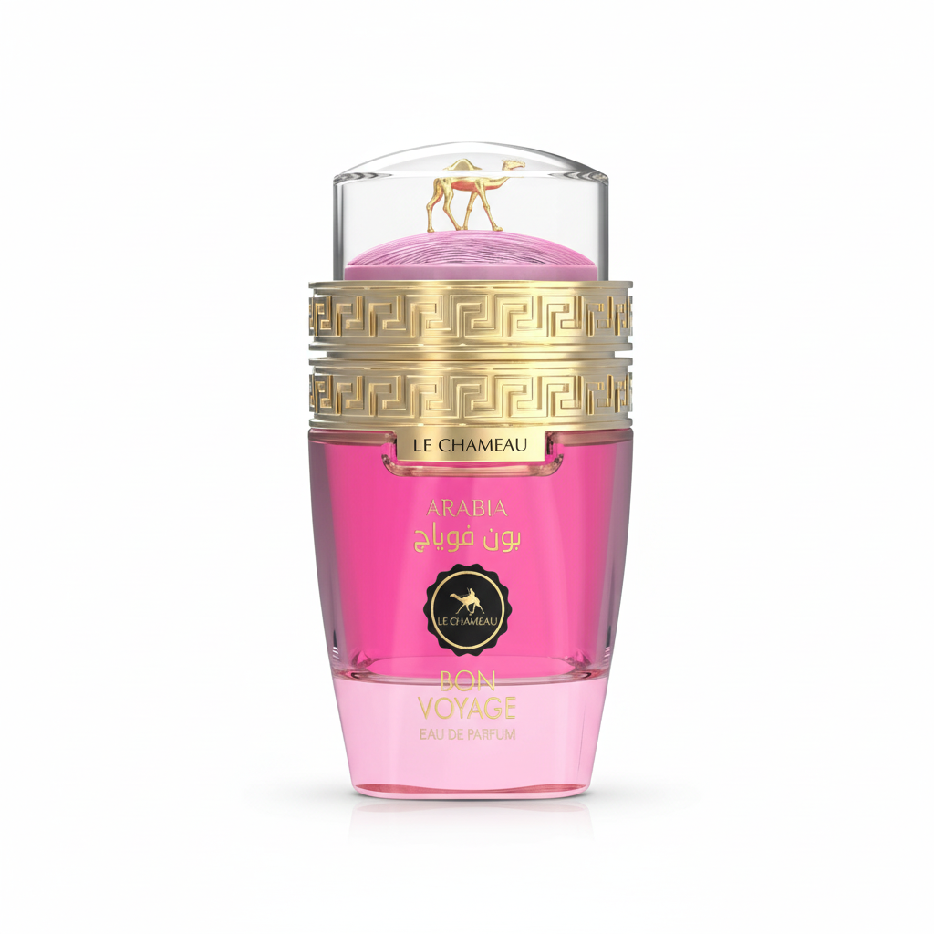 Le Chameau Arabia Bon Voyage Eau de Parfum 100 ml roze fles met gouden reliëfranden