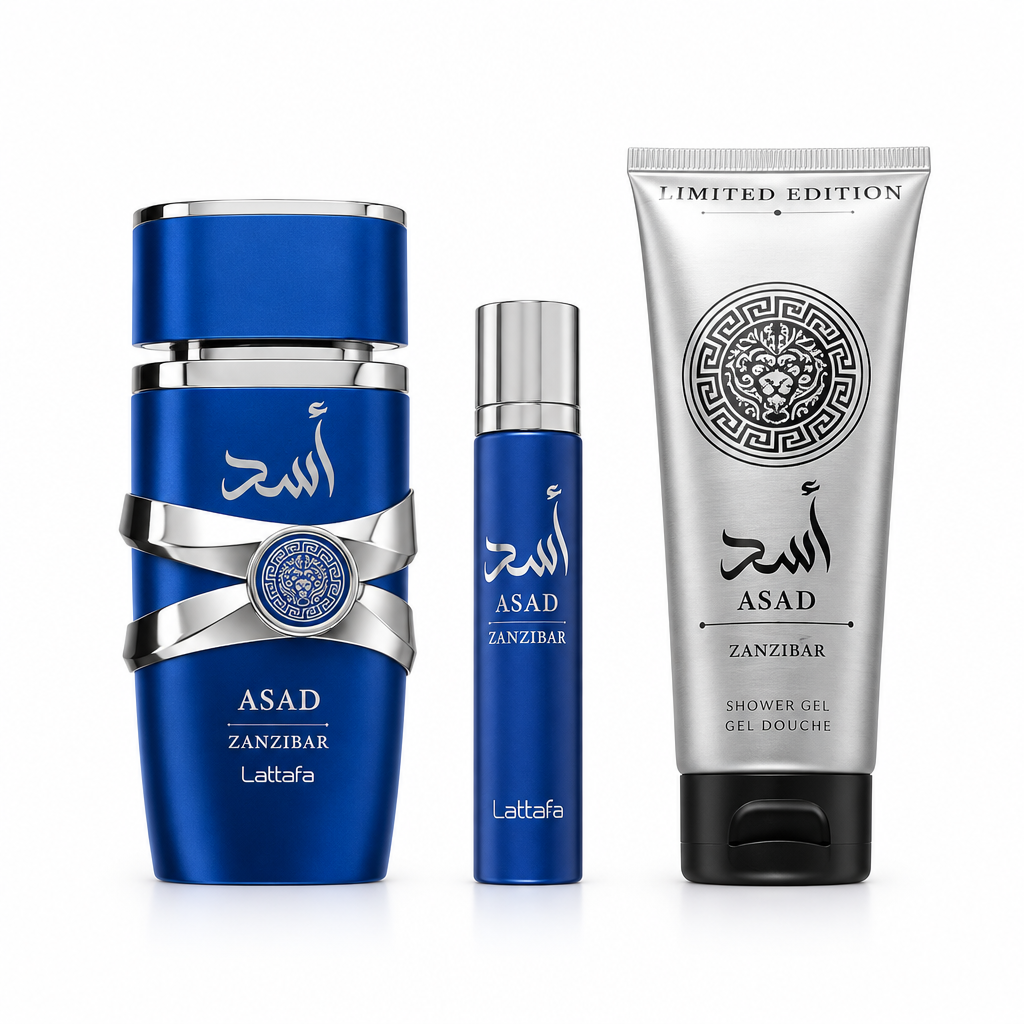 Lattafa Asad Zanzibar parfum, travel spray en shower gel zonder doos op witte achtergrond