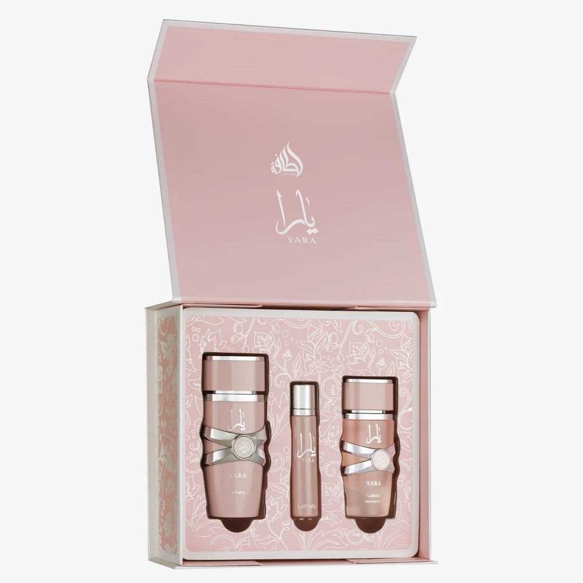 Lattafa Yara driedelige cadeauset met 100 ml parfum, 12 ml travel spray en 50 ml hair mist in open doos