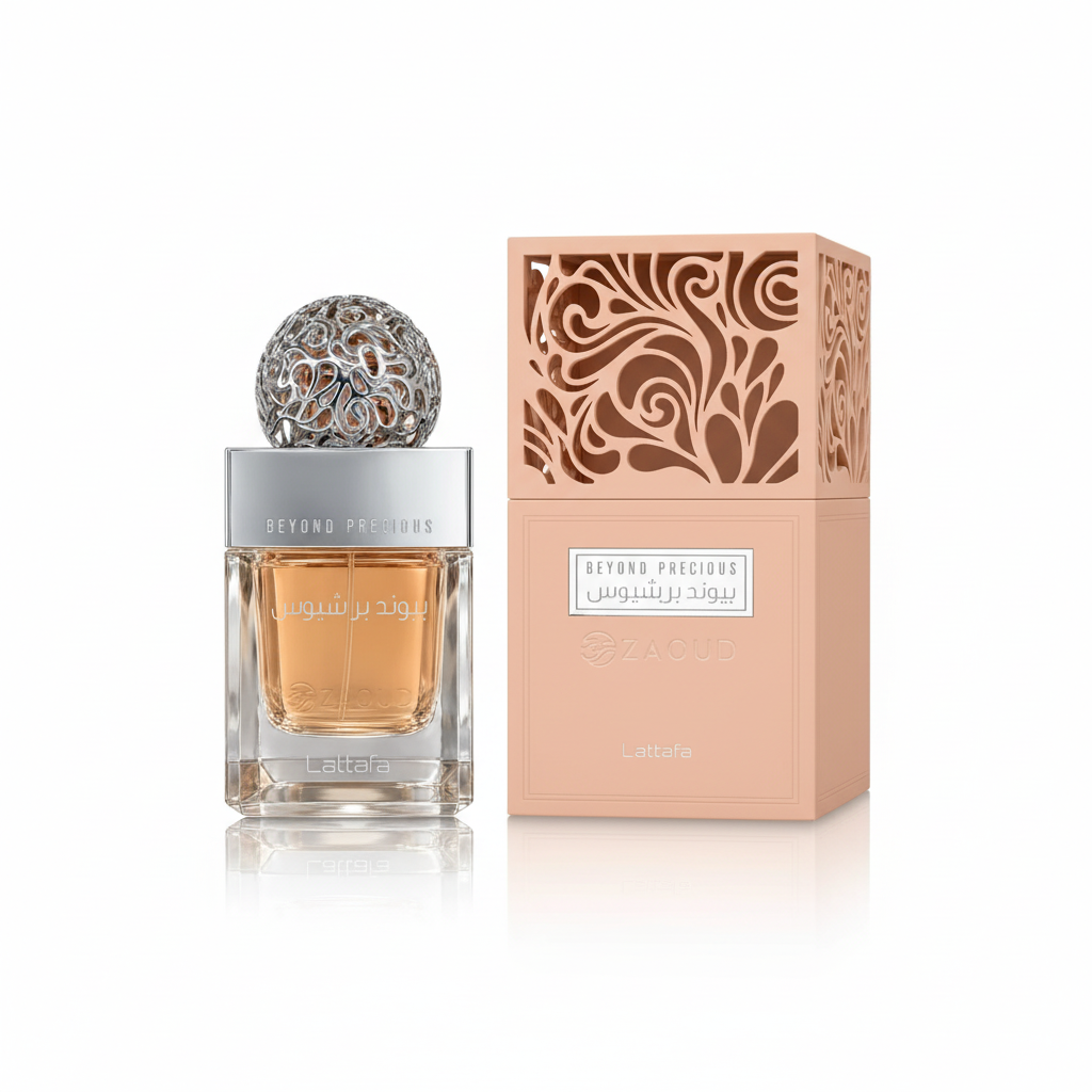 Lattafa Beyond Precious Eau de Parfum 100 ml fles met originele zachtroze verpakking