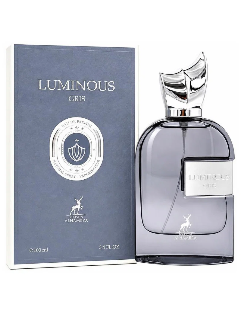 Luminous Gris Eau de Parfum 100 ml van Maison Alhambra, fles met originele grijze doos op wit