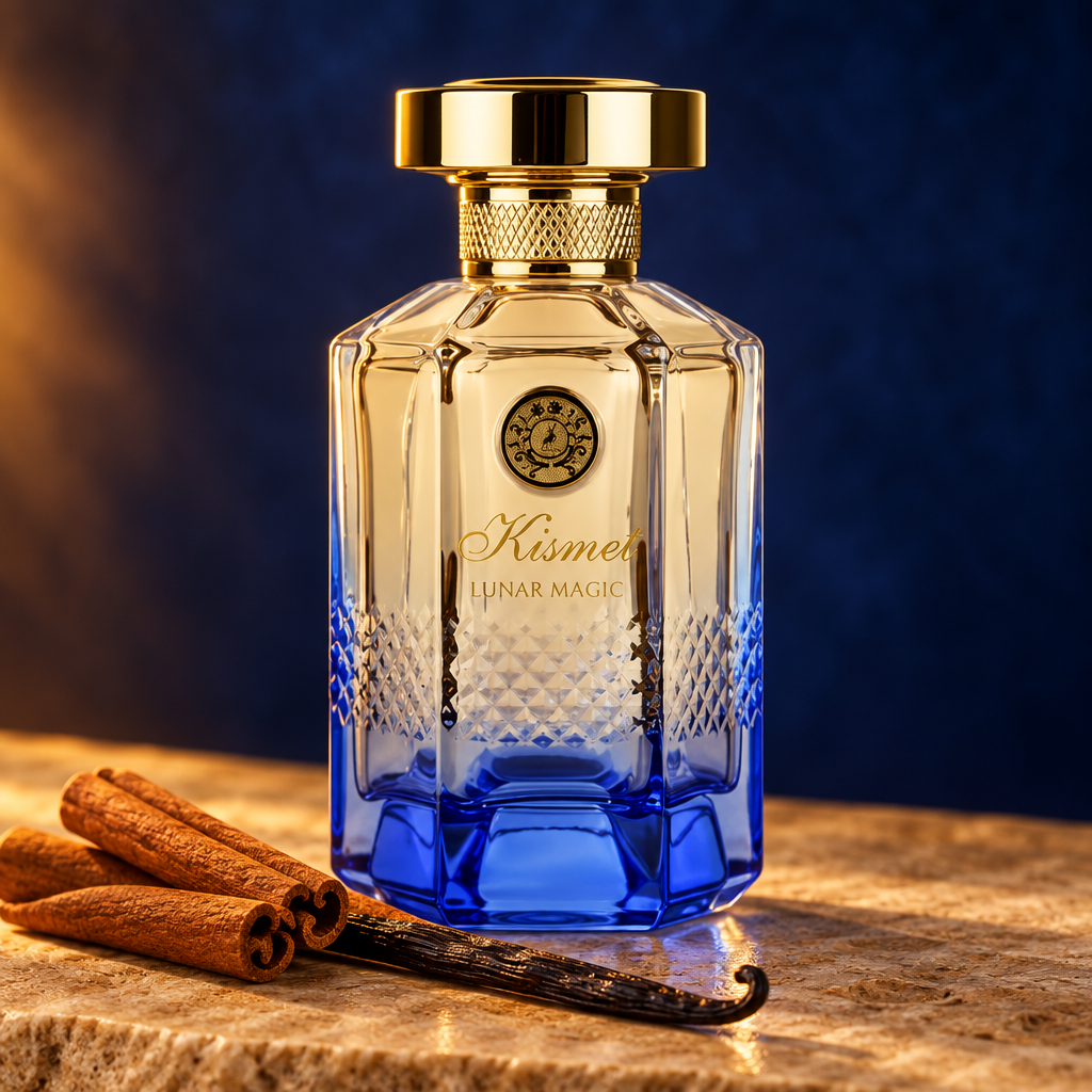 Kismet Lunar Magic parfumfles met kaneel en vanille in een warme blauwe sfeer-setting