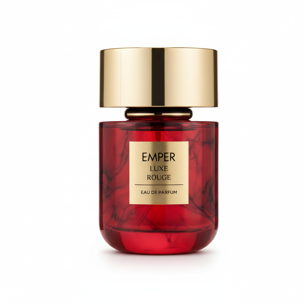 Emper Luxe Rouge Eau de Parfum 100 ml rode gemarmerde fles met brede gouden dop