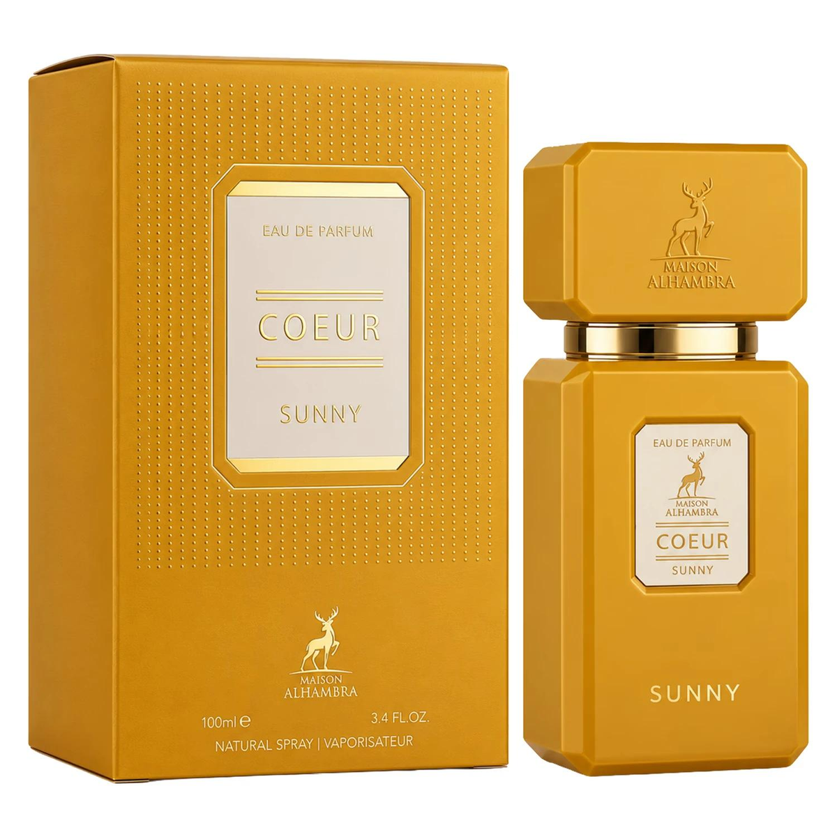 Maison Alhambra Coeur Sunny Eau de Parfum 100 ml gele fles met originele doos op witte achtergrond