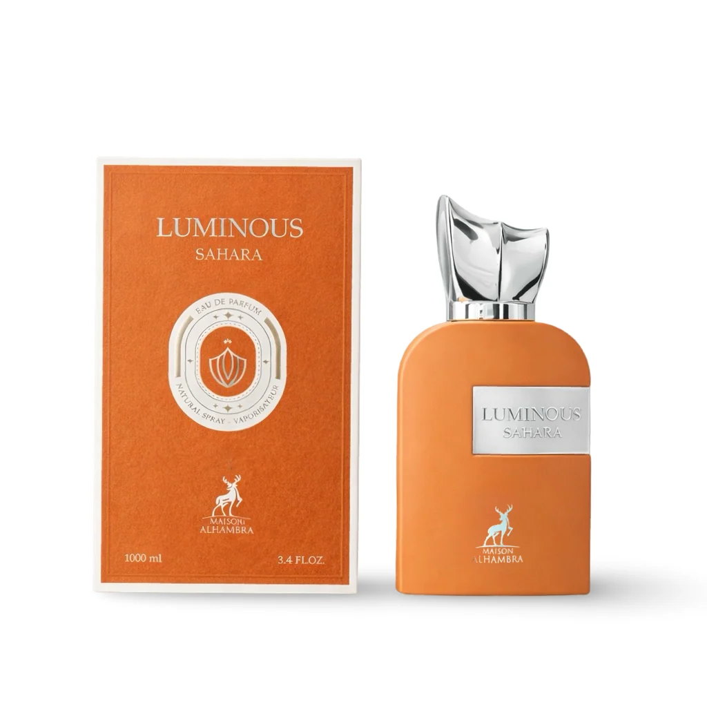 Luminous Sahara Eau de Parfum 100 ml van Maison Alhambra, oranje fles met originele doos op wit