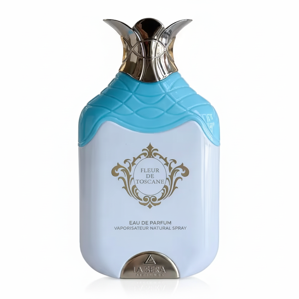 La Sera Fleur De Toscana Eau de Parfum 100 ml lichtblauwe fles met turquoise details en zilveren bloemendop