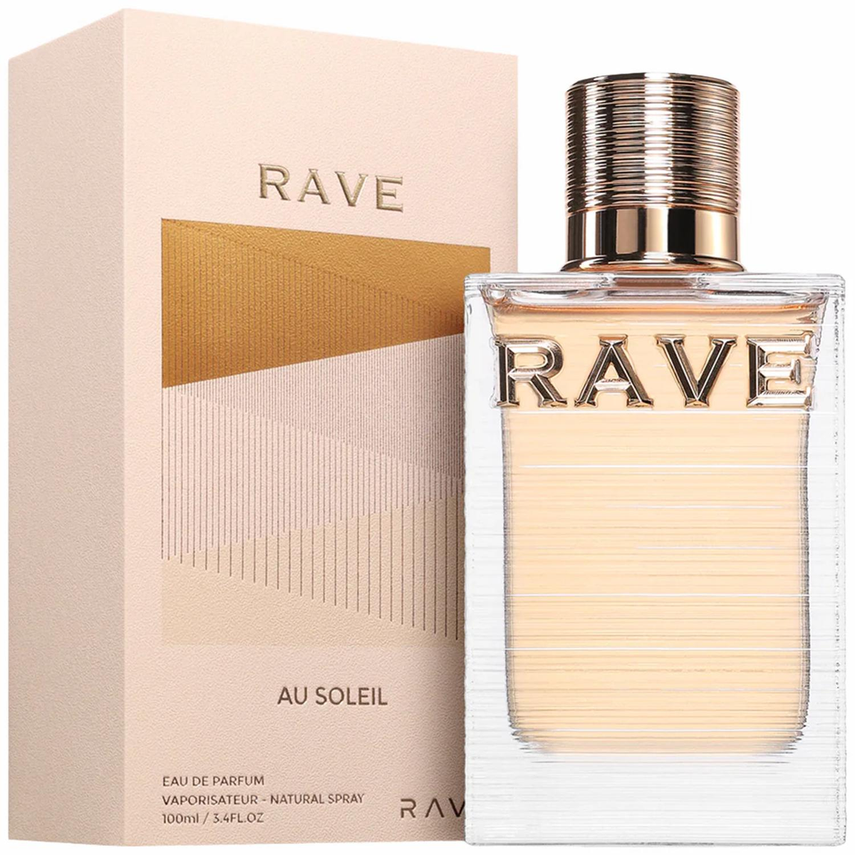 RAVE Au Soleil Eau de Parfum 100 ml fles met originele doos op witte achtergrond