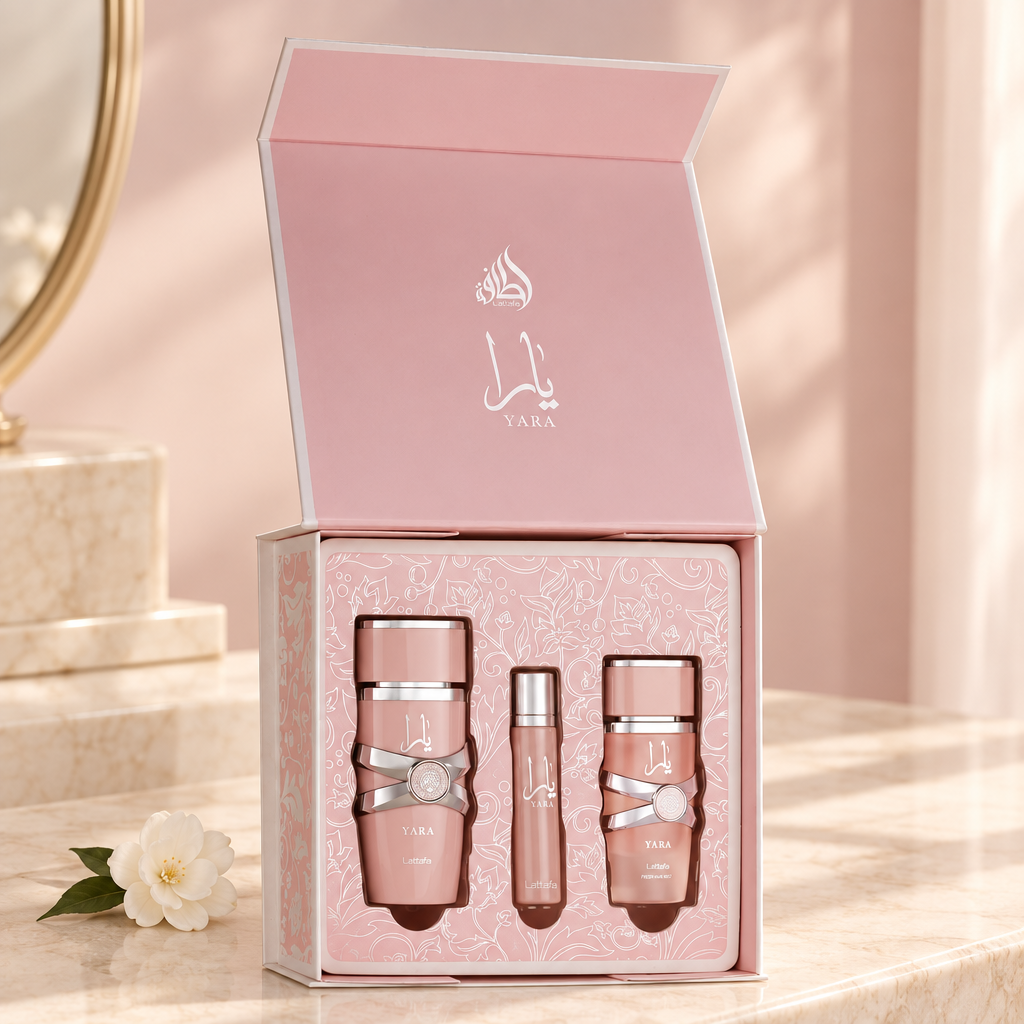 Lattafa Yara cadeauset in een zachte roze sfeer-setting