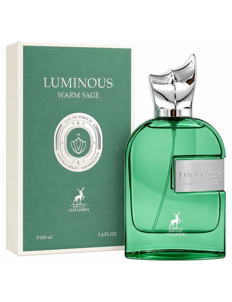 Luminous Warm Sage Eau de Parfum 100 ml van Maison Alhambra, groene fles met originele doos op wit