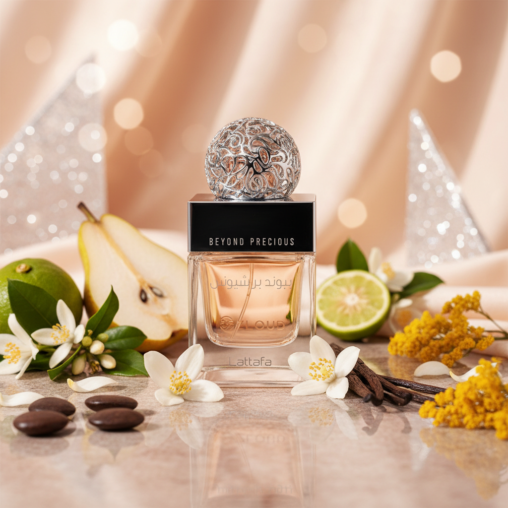 Lattafa Beyond Precious parfum met peer, neroli, jasmijn, vanille en strobloem