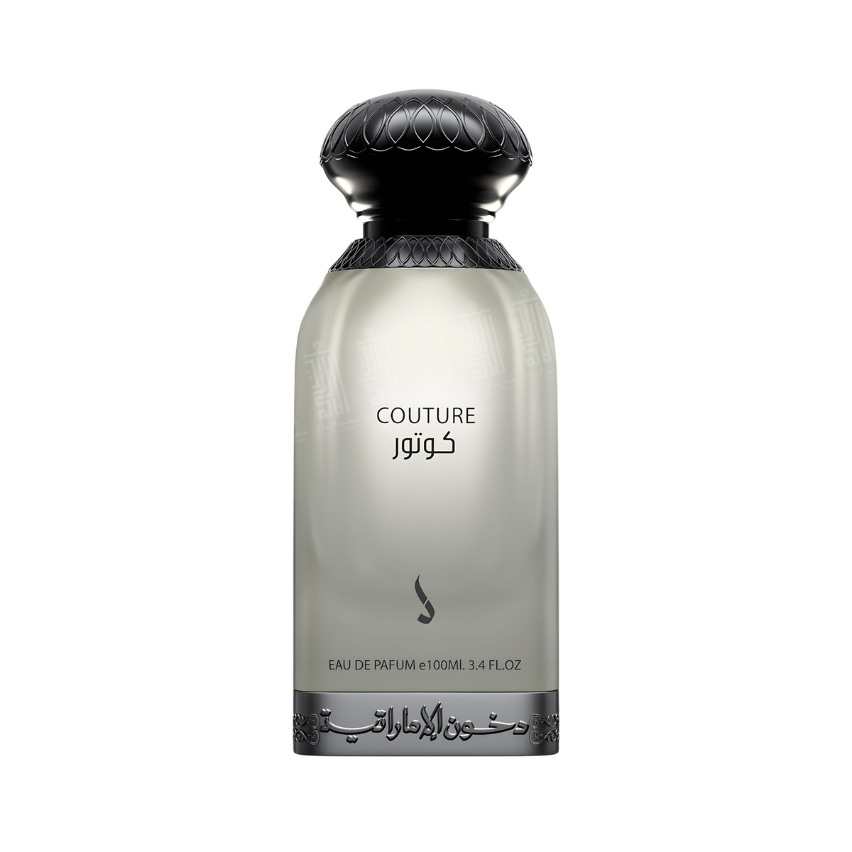 Couture Eau de Parfum 100 ml van Dkhoon Emirates, lichte fles met zwarte dop op witte achtergrond