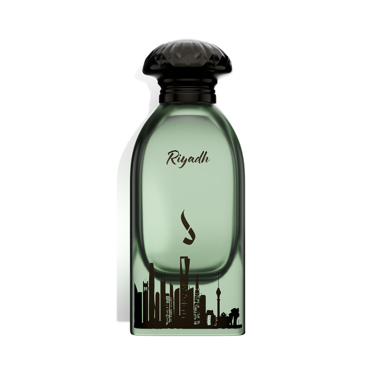 Riyadh Sky Eau de Parfum 100 ml van Dkhoon AlEmiratia, groene fles met zwarte dop op een witte achtergrond