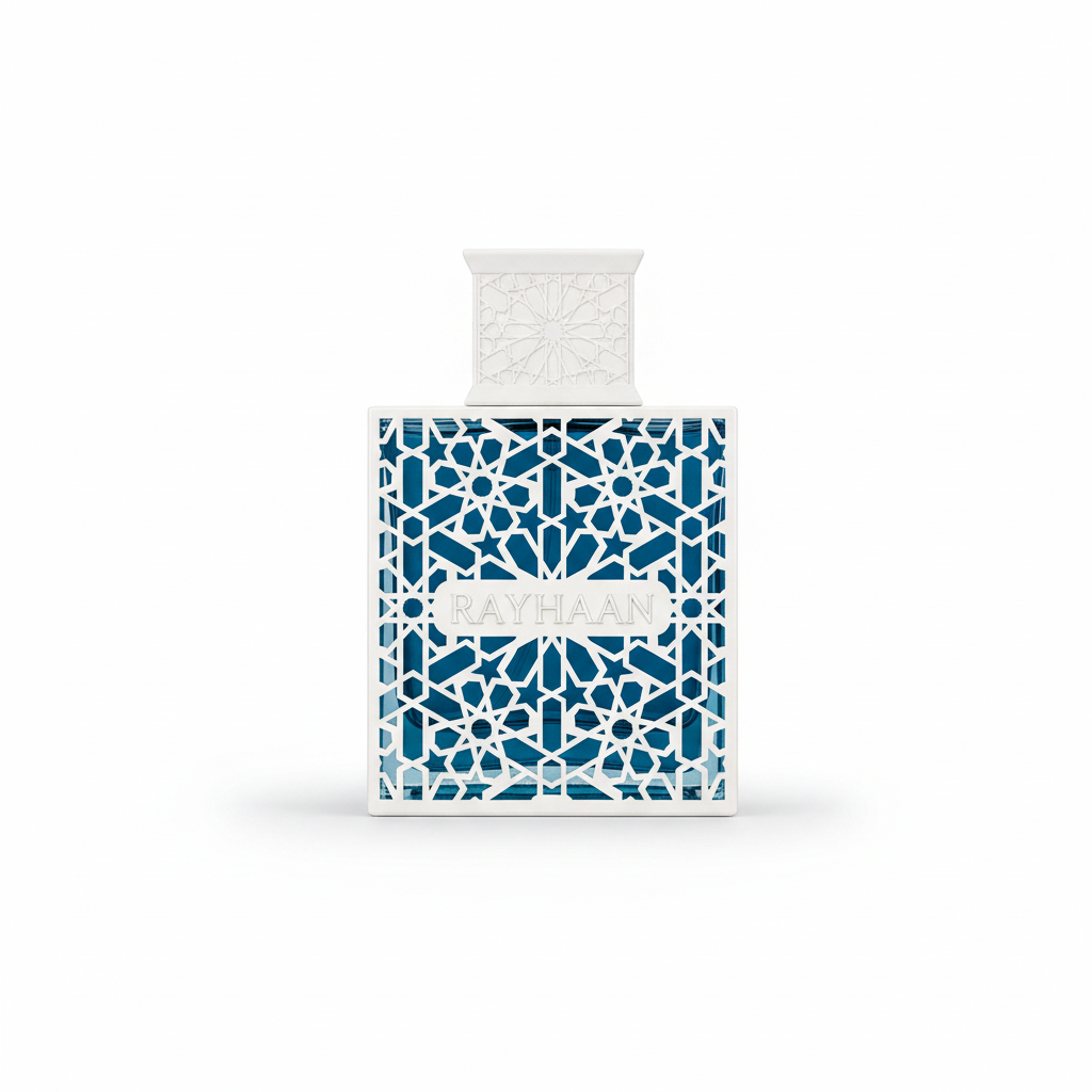 Rayhaan Azul Eau de Parfum 100 ml blauwe fles met wit geometrisch mozaïek
