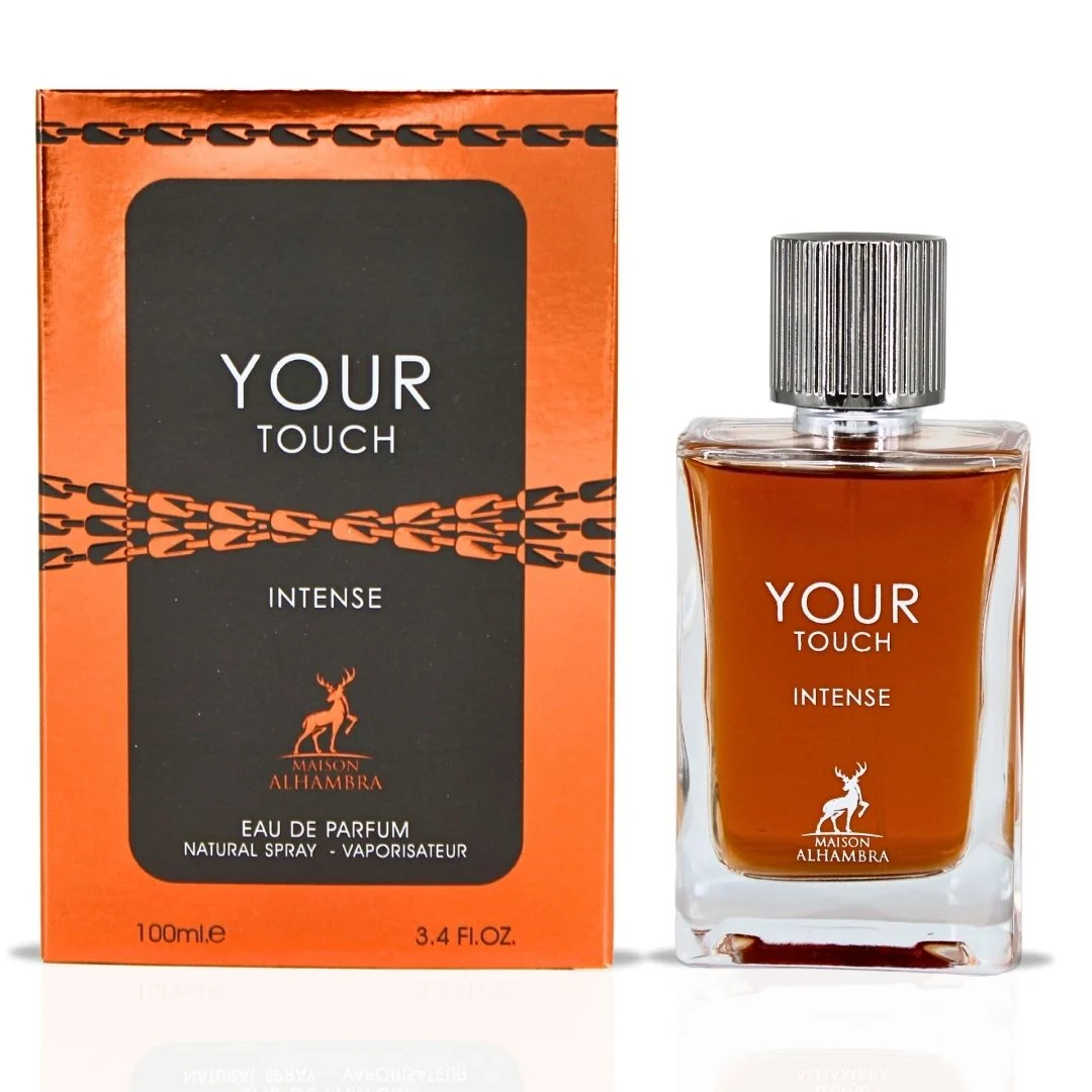 Maison Alhambra Your Touch Intense Eau de Parfum 100 ml fles naast originele koperkleurige doos op witte achtergrond